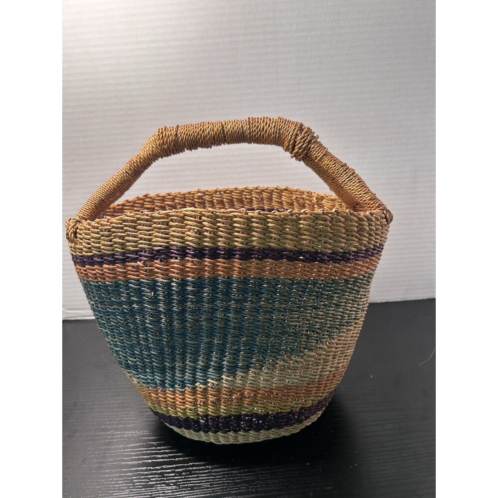 Handmade Straw Woven Basket Floral Colorful Handbag Purse 12" by 10"